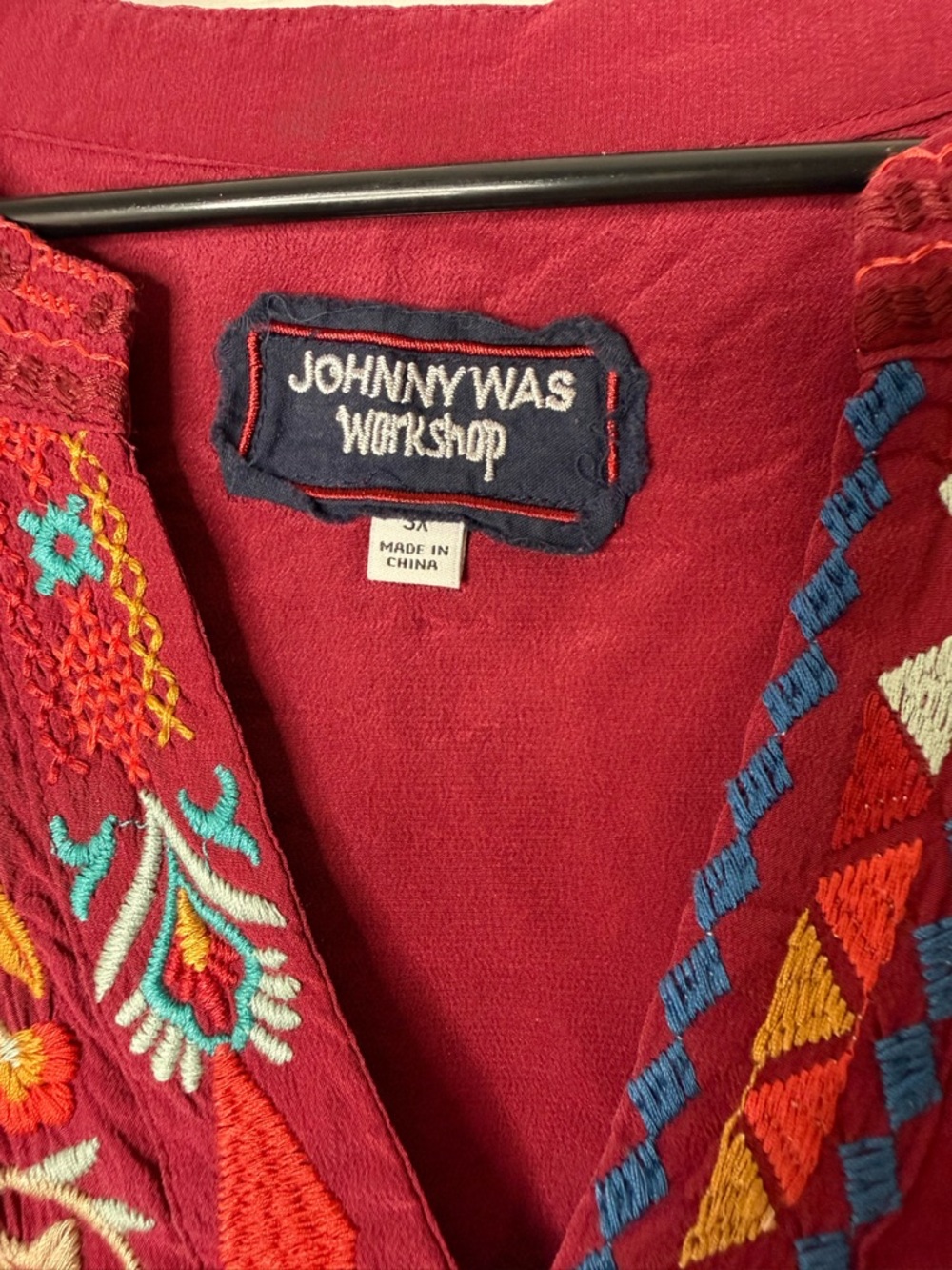 Johnny Was Burgundy Embroidered V-Neck Boho Tunic - Picture 2 of 5